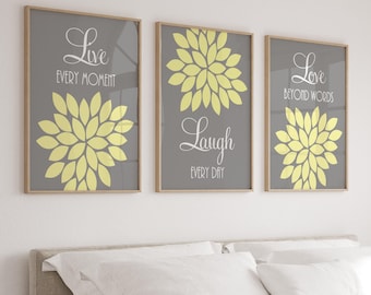 Live Laugh Love Flower Wall Art, Yellow Gray Prints, Set of 3