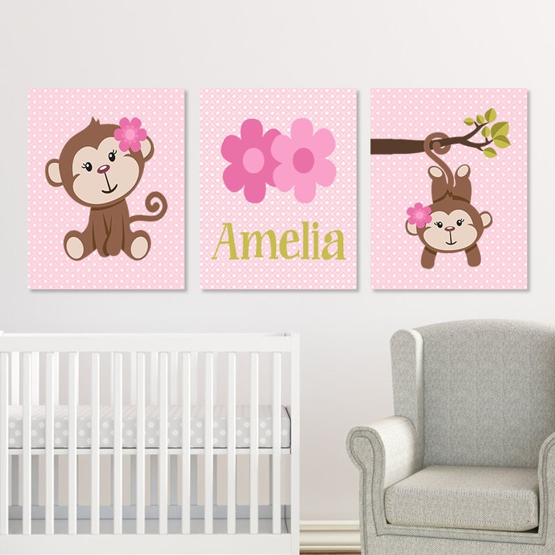 Girl MONKEY Nursery Wall Art, Monkey Nursery Decor, Prints Or Canvas, Girl Monkey Bathroom, Girl Nursery Pictures, Pink Nursery, Set of 3 image 1