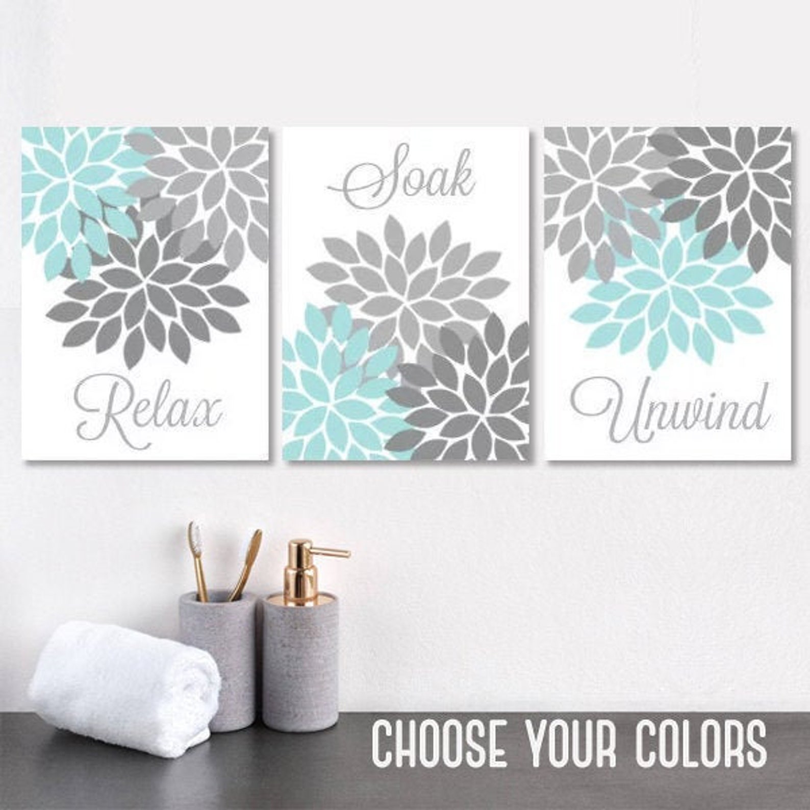 Aqua Gray Bathroom Wall Art Prints or Canvas Flower Bathroom Etsy