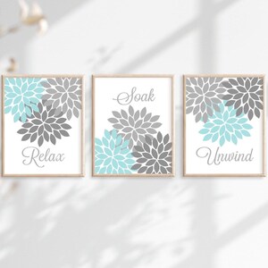 Teal Gray Bathroom Decor, Bathroom Wall Art, Prints or Canvas Floral Bathroom Wall Decor, Relax Soak Unwind, Bathroom Quotes, Set of 3 画像 4