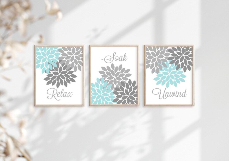 Teal Gray Bathroom Decor, Bathroom Wall Art, Prints or Canvas Floral Bathroom Wall Decor, Relax Soak Unwind, Bathroom Quotes, Set of 3 画像 4