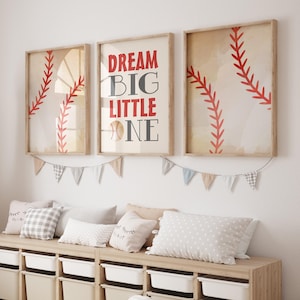 Vintage Baseball Nursery Art, Baseball Nursery Decor, Baseball Art For Boys Room, Dream Big Baseball Nursery Theme Prints or Canvas Set of 3