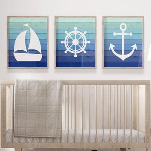 Nautical Nursery Wall Art, Ombre Nautical Nursery Decor, Blue Nautical Nursery Prints or Canvas, Boy Nursery Decor, Boat Anchor, Set of 3