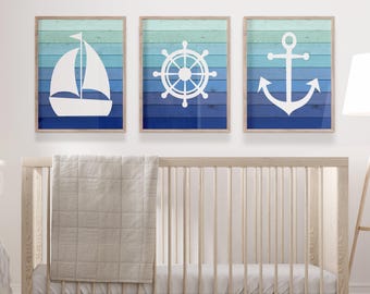 Nautical Nursery Art Print Set of 3, Ombre Boat, Anchor, Wheel