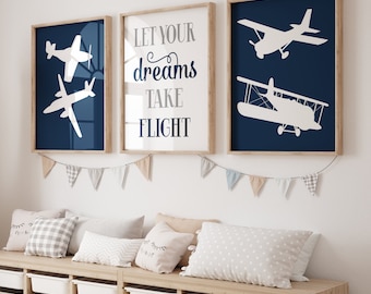 Navy Airplane Nursery Art Prints, Baby Boy Airplane Nursery Wall Decor, Aviation Nursery, Airplanes Toddler Boy Set of 3 Prints or Canvas