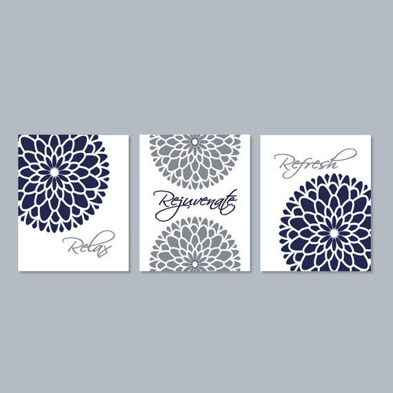 Navy Gray Bathroom Decor Prints Or Canvas Wall Art Floral Etsy
