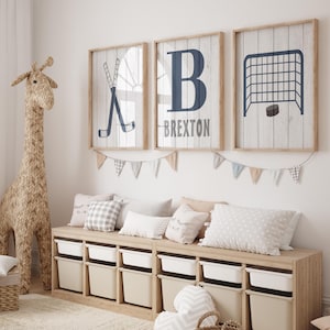 Navy Blue Hockey Wall Art For Nursery, Hockey Sticks Puck, Boy Sports Bedroom Prints or Canvas Set of 3, Above Crib Art, Framed Prints