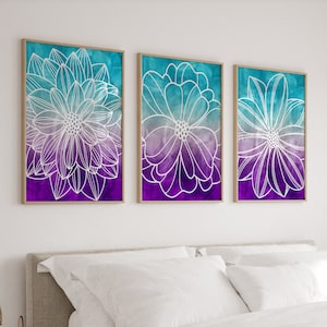 Teen Girl Room Decor, Flower Wall Art, Watercolor Ombre Pictures, Bedroom Decor Prints or Canvas, Teal Purple Ombre, Dorm Room, Set of 3