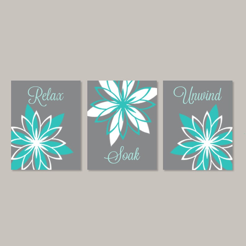 Teal Gray Bathroom Wall Art Bathroom Wall Decor Relax Soak Etsy