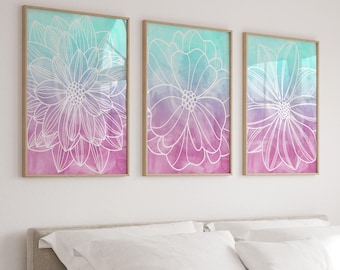 Decoración de habitación para adolescentes, arte mural de flores, cuadros con acuarela ombré, impresiones o lienzos decorativos para dormitorio, dormitorio rosa, morado y aguamarina, juego de 3