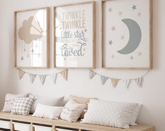 Neutral Cloud Moon Twinkle Twinkle Little Star Set of 3 Prints or Canvas, Boy Nursery Decor, Boho Kids Room Decor, Printable Nursery Picture
