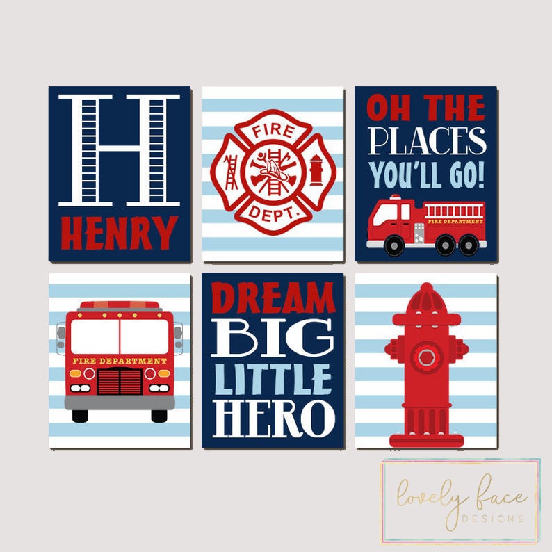 Fire Truck Nursery Set of 6 Pictures Big Boy Bedroom Fire Truck Decor Canvas or Prints Fireman Fire Truck Birthday Fire Truck Wall Art