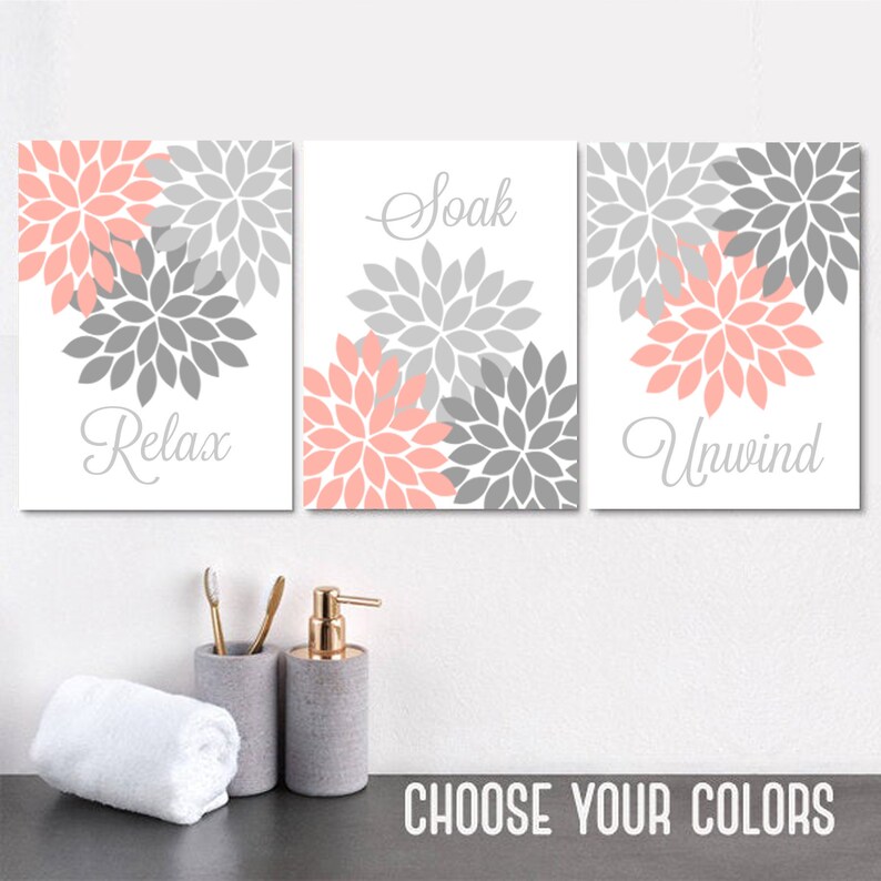 Bathroom Decor Peach Gray Bathroom Wall Art Prints or Canvas Etsy