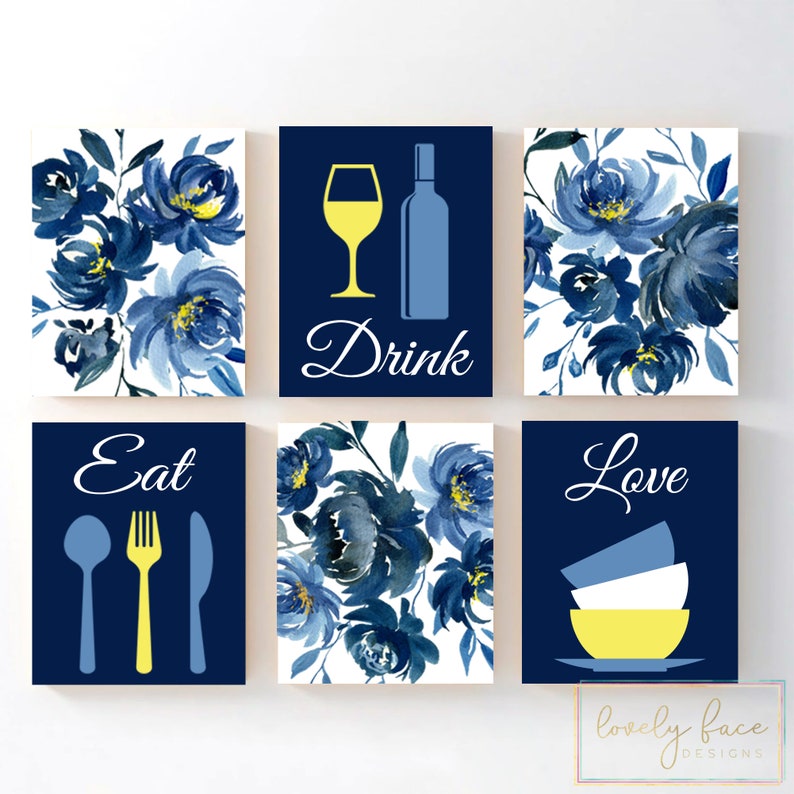Blue Watercolor Floral Kitchen Wall Art Eat Drink Love Prints Etsy