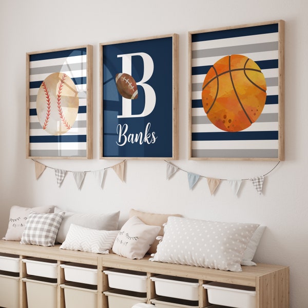 Sports Room Art, Sports Wall Prints or Canvas, Customized Kids Name, Sports Theme Nursery Decor Above Crib Art, Boy Sports Bedroom, Set of 3
