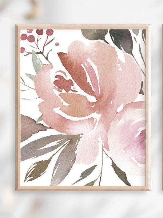 Blush Pink Wall Art, Watercolor Flowers Prints or Canvas, Minimalist ...