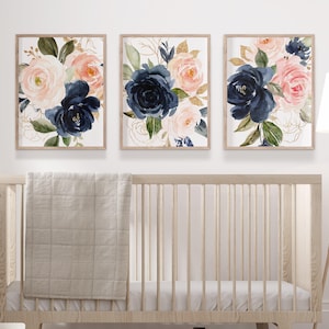 Watercolor Floral Nursery Art, Pink Navy Flower Prints, Set of 3