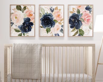 Watercolor Floral Nursery Art, Pink Navy Flower Prints, Set of 3