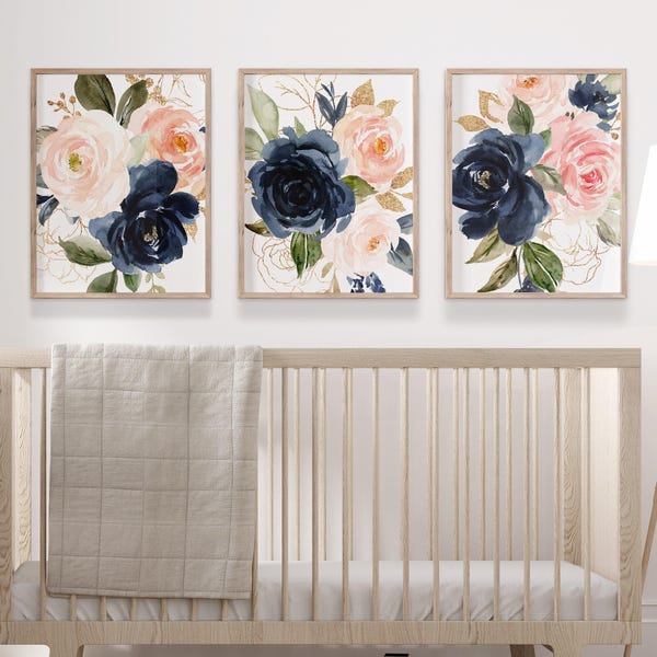 Watercolor Floral Nursery Art, Pink Navy Flower Prints, Set of 3