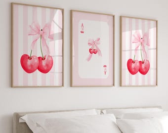 Cherry Print Set of 3: Pink Bow Watercolor Wall Art, Trendy Girl Room Decor