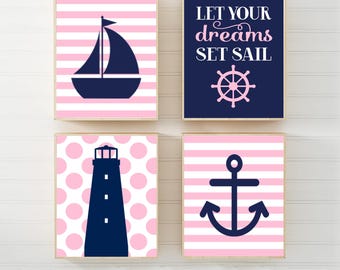 Pink Navy Nautical Nursery Prints, Girl Bedroom Decor, Set of 4