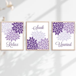 Purple Flower Bathroom Wall Art, Purple Flower Bathroom Decor Prints or Canvas Relax Soak Unwind Quote, Purple Bathroom Quotes, Set of 3