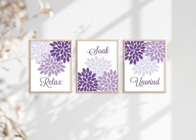Purple Flower Bathroom Wall Art, Purple Flower Bathroom Decor Prints or Canvas Relax Soak Unwind Quote, Purple Bathroom Quotes, Set of 3