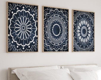 Mandala Wall Art, Navy Bedroom Wall Decor, Mandala Art Prints or Canvas, Navy Bathroom Wall Decor, Navy  Living Room Pictures, Set of 3