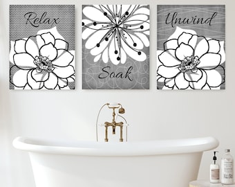 Gray Floral Bathroom Art Prints, Relax Soak Unwind, Set of 3