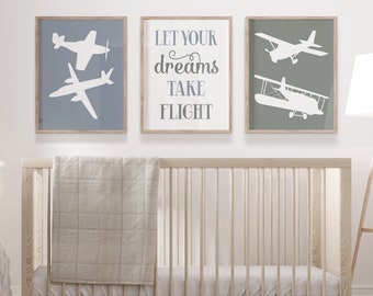 Neutral Airplane Nursery Art Prints, Baby Boy Airplane Nursery Wall Decor, Aviation Nursery, Airplanes Toddler Boy Set of 3 Prints or Canvas