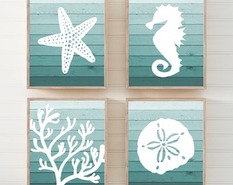 Beach Bathroom Wall Art, Ombre Beach Prints or Canvas Nautical Bathroom Decor, Starfish Seahorse Coral Reef, Beach Bath Sign Set of 4