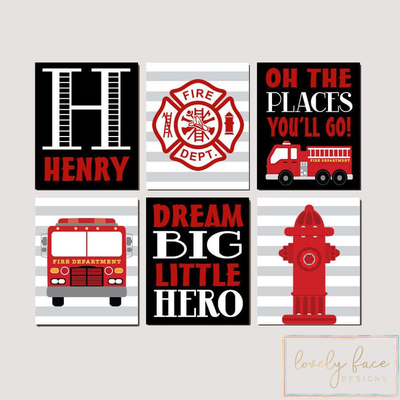 Fire Truck Nursery Set of 6 Pictures Big Boy Bedroom Fire Truck Decor Canvas or Prints Fireman Fire Truck Birthday Fire Truck Wall Art