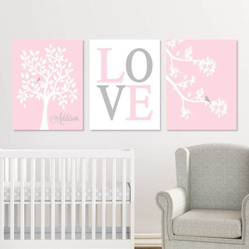 Pink Grey Nursery Wall Art Baby Girl Nursery Decor Girl Etsy