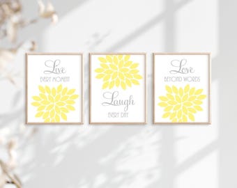 Yellow Gray Dahlia Flower Wall Art Prints, Set of 3