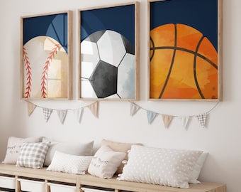 Sports Decor For Boys Room, Baseball Soccer Ball Basketball Wall Art, Sports Balls Prints or Canvas, Sport Nursery, Little Athlete, Set of 3