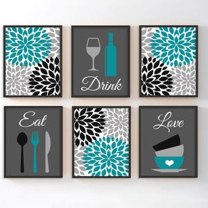 Kitchen Wall Art Print Set, Eat Drink Love, Flower Bursts, Teal Gray Black, Modern Kitchen Decor, Prints or Canvas Set of 6