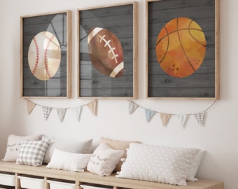 Sports Room Art, Sports Wall Prints or Canvas Set of 3, Football Baseball Basketball, Distressed Sports Theme Nursery, Boy Sports Bedroom