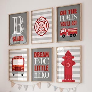 Fire Truck Nursery Wall Art, Fire Truck Decor Canvas or Prints Fireman Fire Truck Birthday, Big Boy Bedroom, Set of 6 Pictures