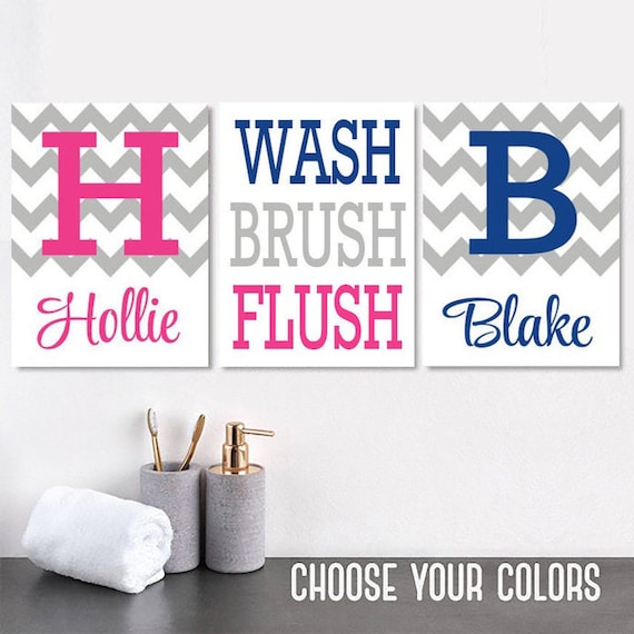 Kids Bathroom Wall Decor, Brother Sister Bathroom Wall Art, Wash Brush Flush Prints or Canvas, Shared Boy Girl Bathroom Set of 3