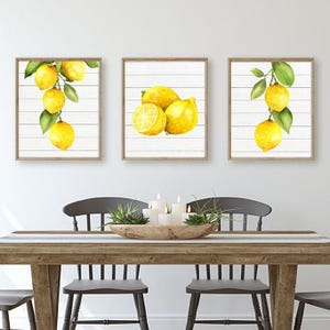 Watercolor Lemon Wall Art, Kitchen Lemon Prints or Canvas, Lemon Kitchen Decor, Watercolor Lemon Pictures, Vintage Lemon Artwork Set of 3