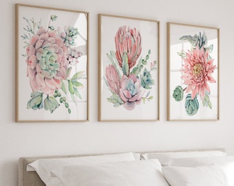 Succulents Art Prints, Succulent Wall Art, Bedroom Wall Decor, Watercolor Flower Prints or Canvas, Nursery Wall Decor, Pictures, Set of 3