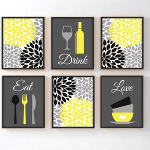 Yellow Gray Kitchen Wall Art, Kitchen Wall Decor, Eat Drink Love Prints or Canvas, Kitchen Quotes Wall Decor, Dining Room Pictures, Set of 6