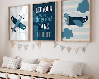 Airplane Nursery Art Prints, Baby Boy Airplane Nursery Wall Decor, Aviation Nursery, Airplanes Toddler Boy Set of 3 Prints or Canvas Picture