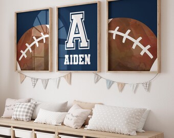 Personalized Football Nursery Print Set: Sports Bedroom Decor, Set of 3 Wall Art