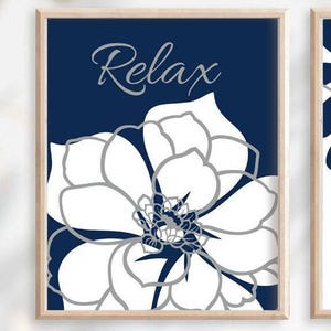 Navy Blue Floral Bathroom Art Prints, Relax Soak Unwind, Set of 3 image 2