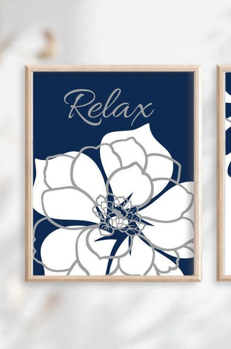 Navy Blue Floral Bathroom Art Prints, Relax Soak Unwind, Set of 3 image 2