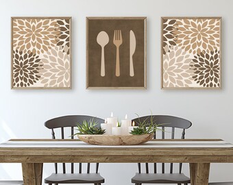 Farmhouse dining room wall decor, Neutral wall art prints, Floral prints wall art, Kitchen wall art, Kitchen utensil wall decor, Set of 3