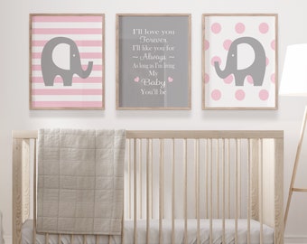 PINK GREY Baby Girl ELEPHANT Pink Gray Nursery Prints Or Canvas Wall Art I'll Love You Forever I'll Like You For Always Girl Decor Set of 3