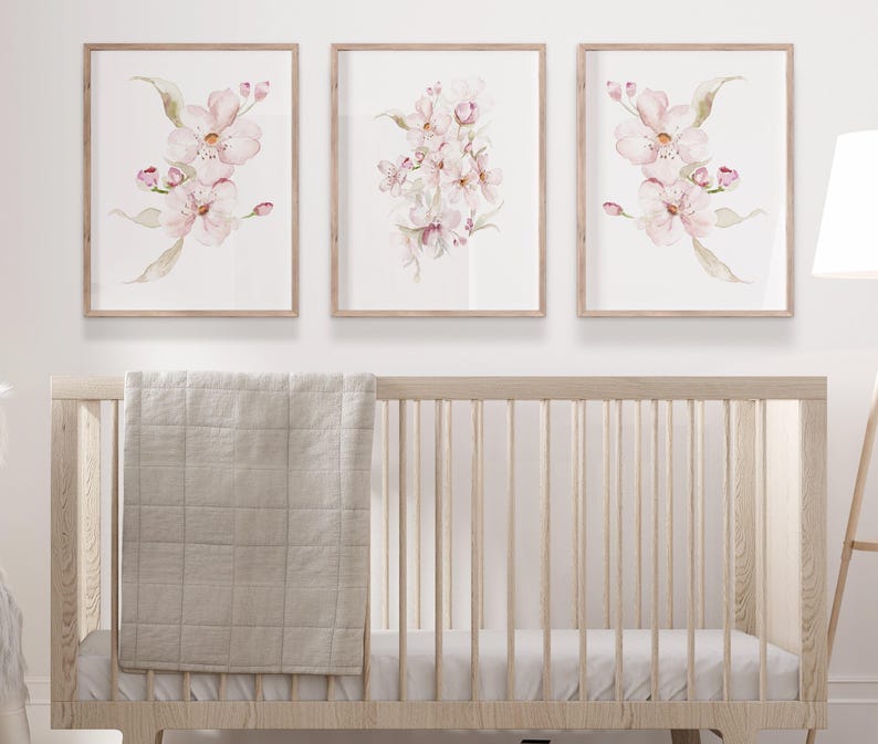 Watercolor Cherry Blossom Print Set of 3, Blush Pink Floral Nursery ...