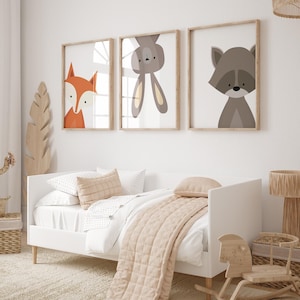 Woodland Animal Nursery Prints: Fox, Rabbit, Raccoon Art - Set of 3